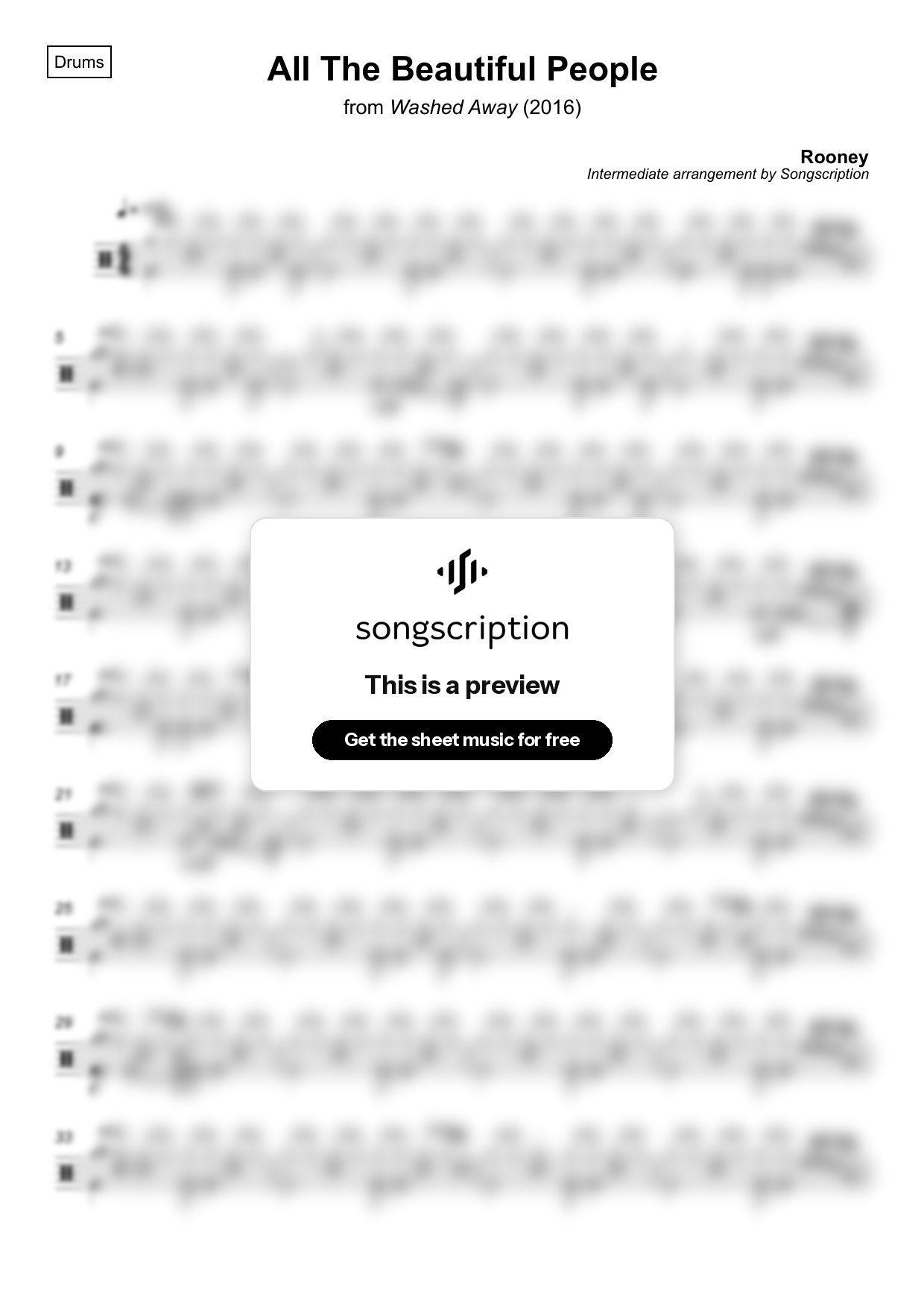 Intermediate Drums Sheet Music for "All The Beautiful People" by Rooney