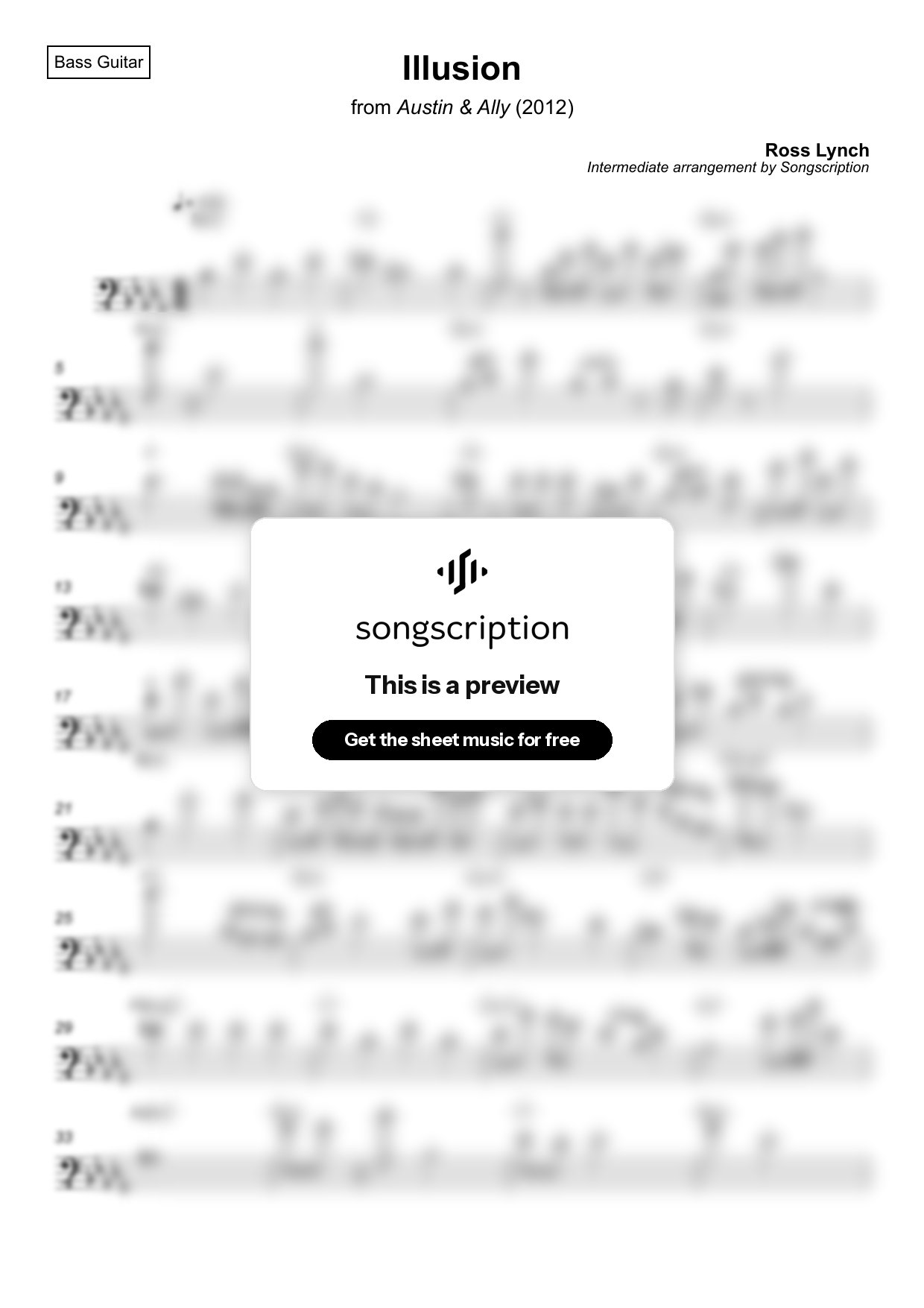 Intermediate Bass Guitar Sheet Music for "Illusion" by Ross Lynch