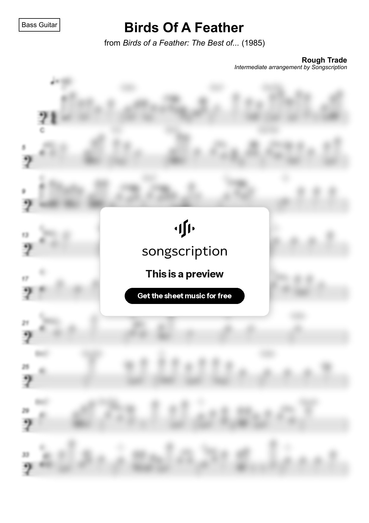 Intermediate Bass Guitar Sheet Music for "Birds Of A Feather" by Rough Trade