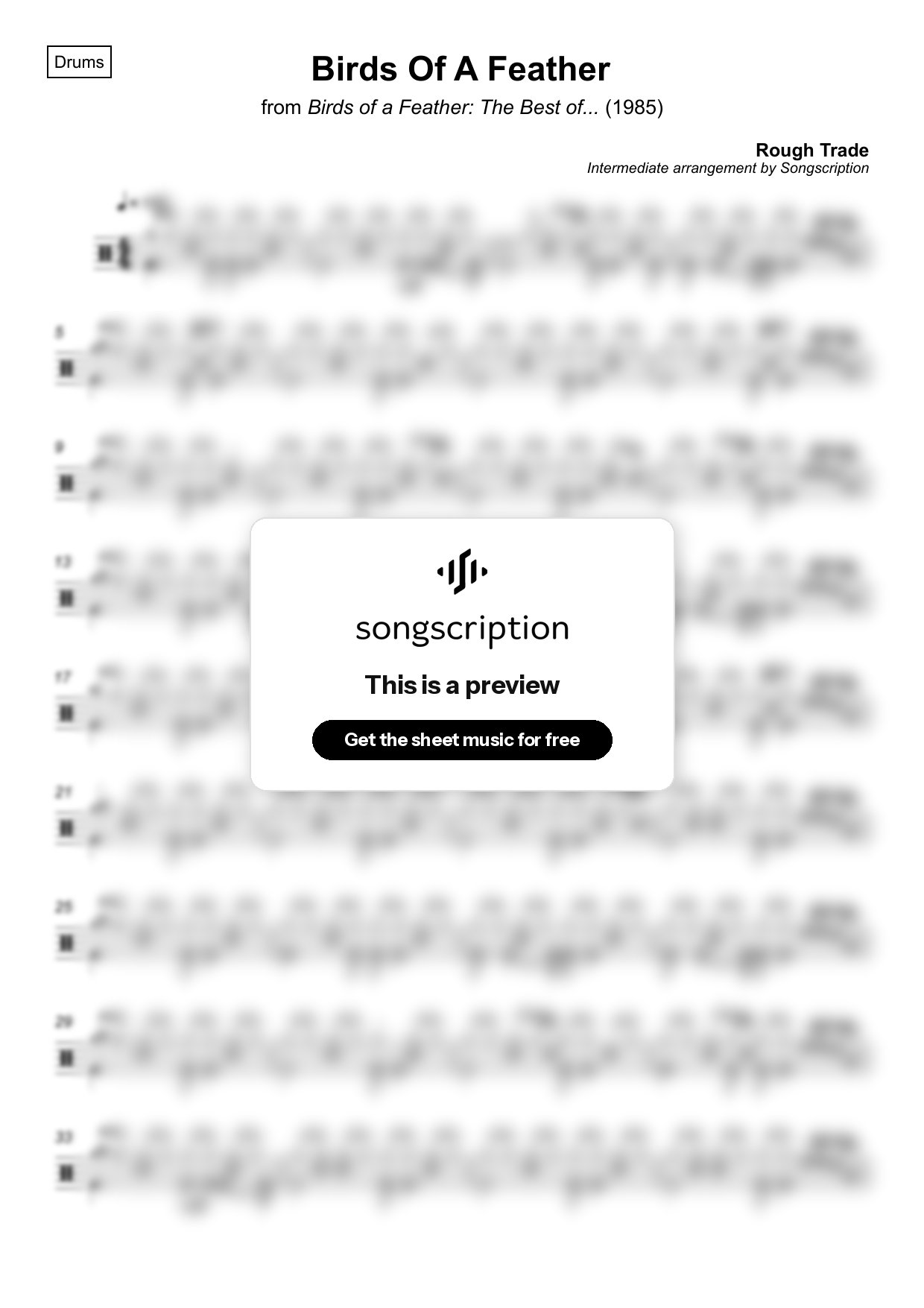 Intermediate Drums Sheet Music for "Birds Of A Feather" by Rough Trade