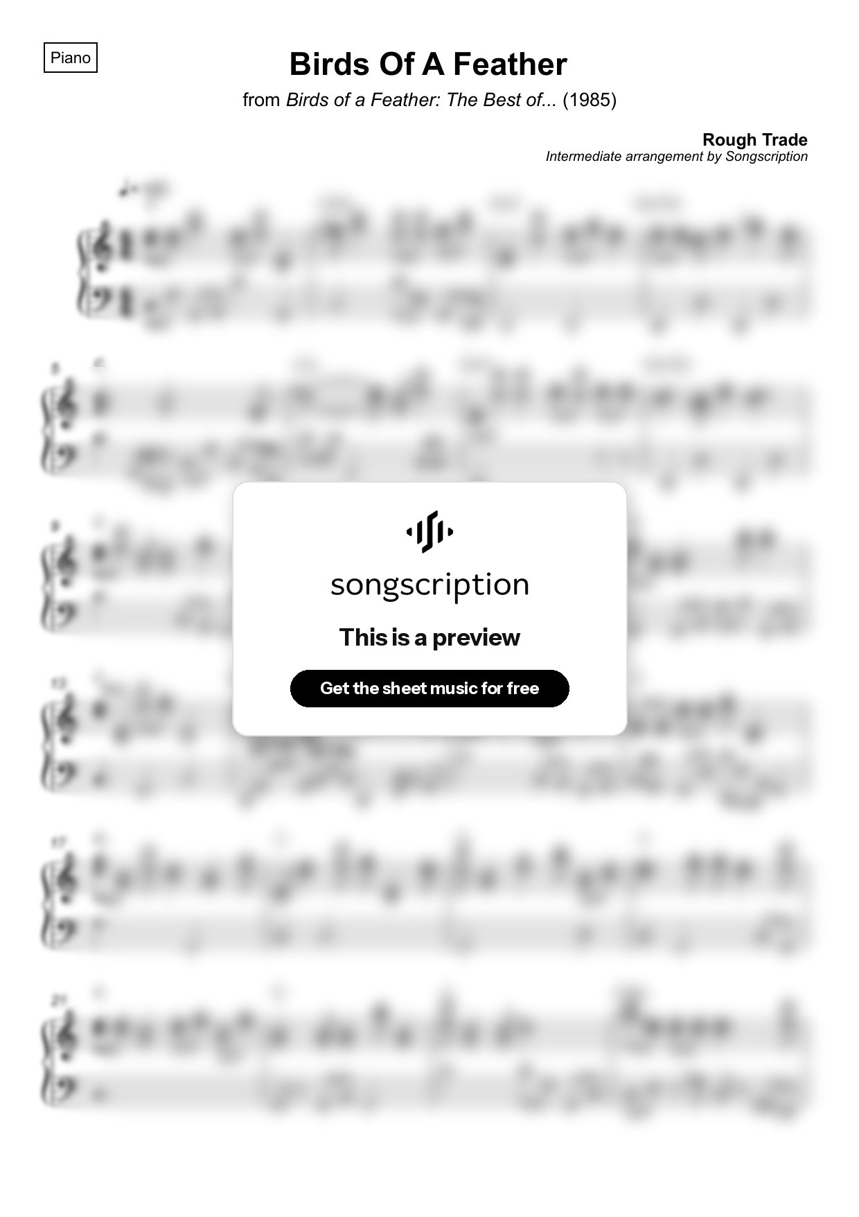 Intermediate Piano Sheet Music for "Birds Of A Feather" by Rough Trade