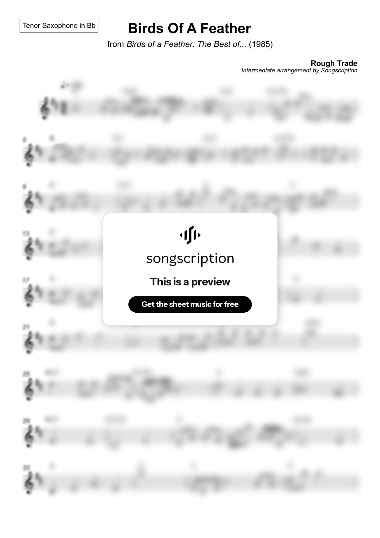 Intermediate Tenor Sax Sheet Music for "Birds Of A Feather" by Rough Trade