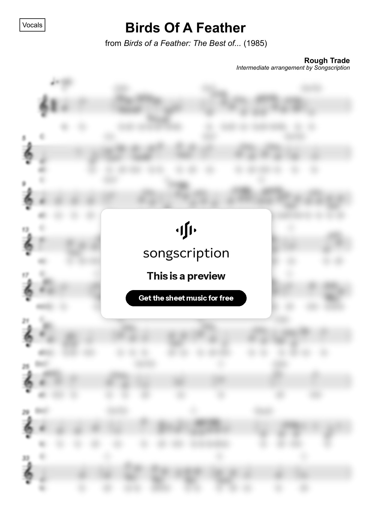 Intermediate Vocals Sheet Music for "Birds Of A Feather" by Rough Trade