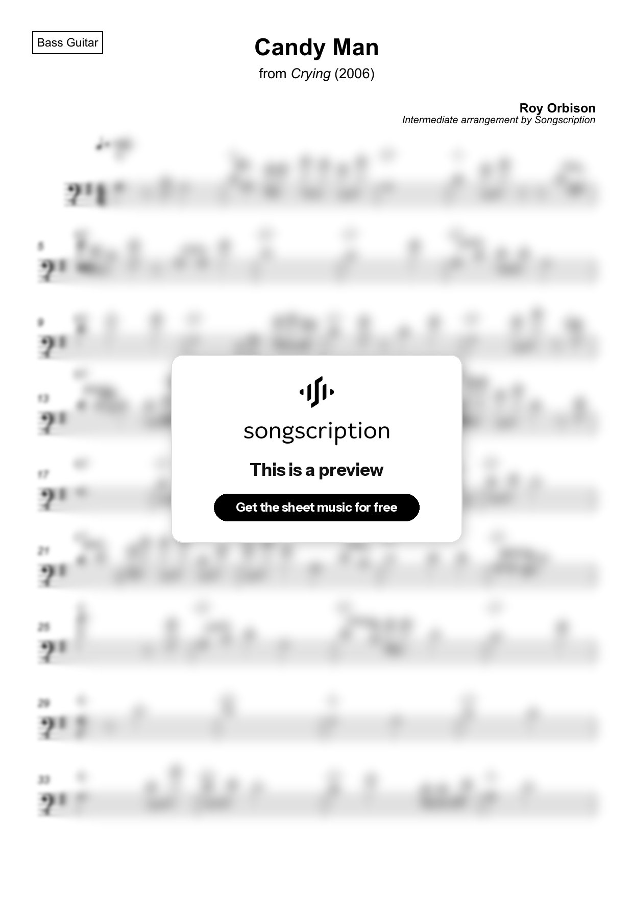 Intermediate Bass Guitar Sheet Music for "Candy Man" by Roy Orbison
