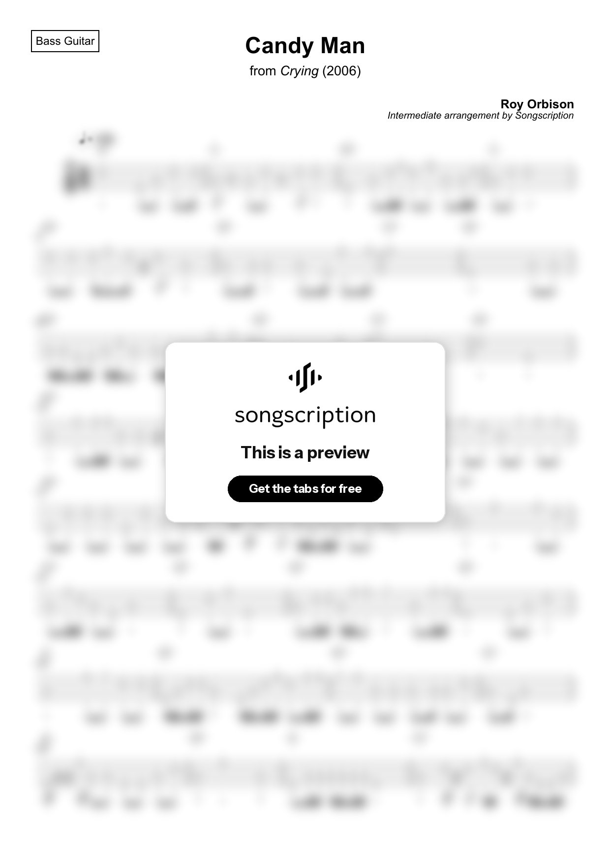 Intermediate Bass Guitar Tabs for "Candy Man" by Roy Orbison