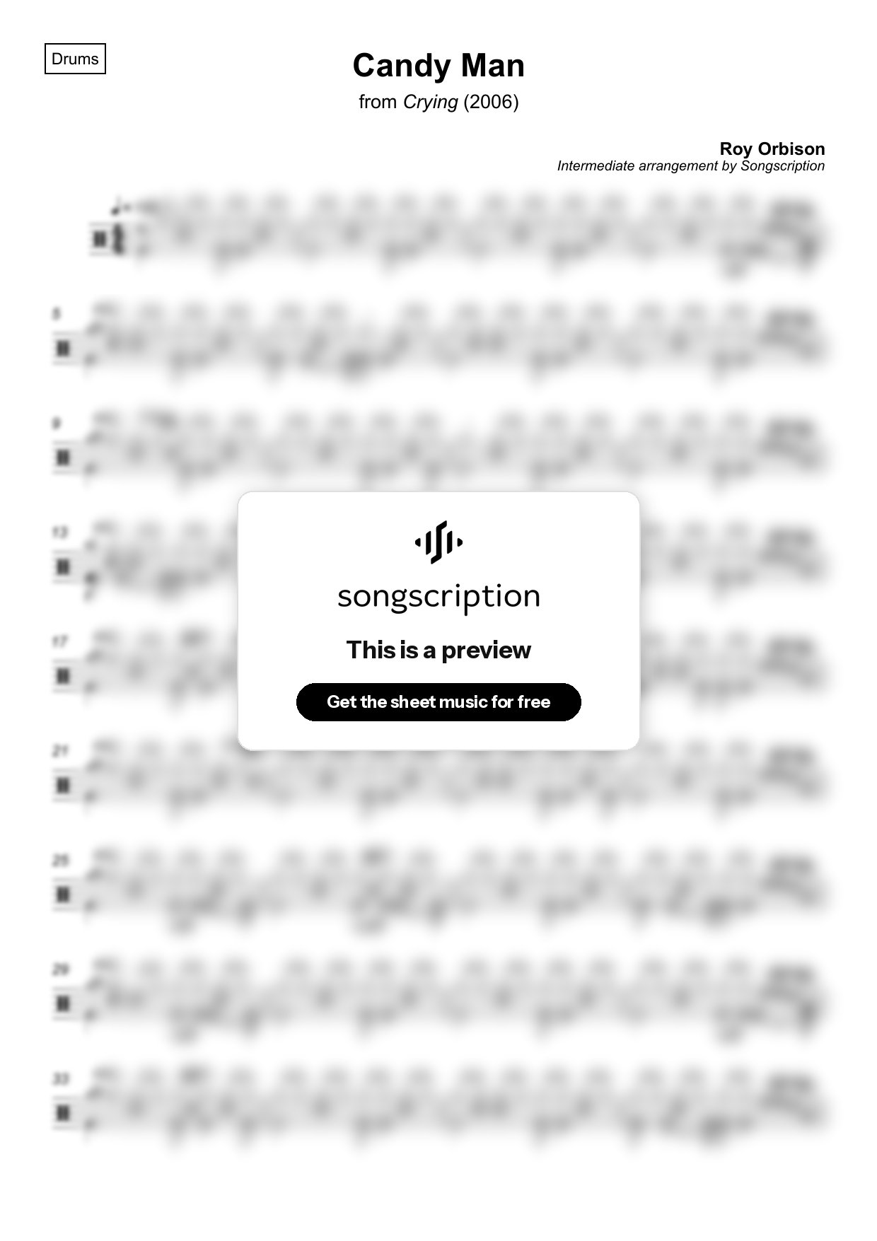 Intermediate Drums Sheet Music for "Candy Man" by Roy Orbison
