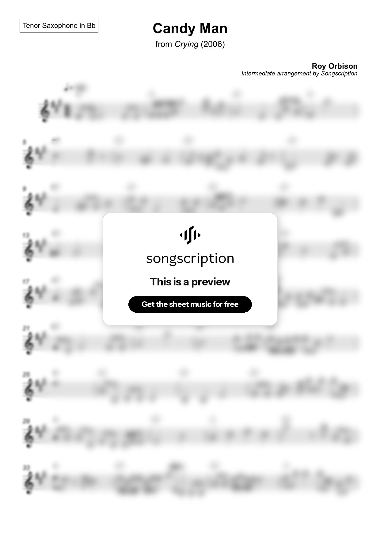 Intermediate Tenor Sax Sheet Music for "Candy Man" by Roy Orbison