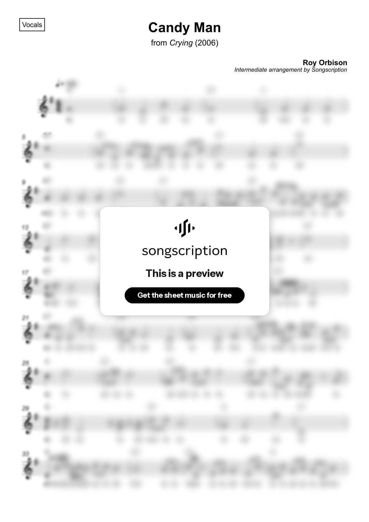 Intermediate Vocals Sheet Music for "Candy Man" by Roy Orbison