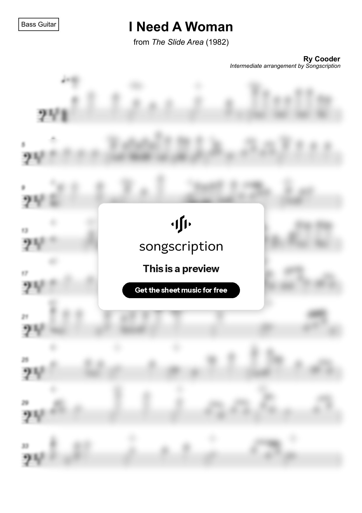 Intermediate Bass Guitar Sheet Music for "I Need A Woman" by Ry Cooder