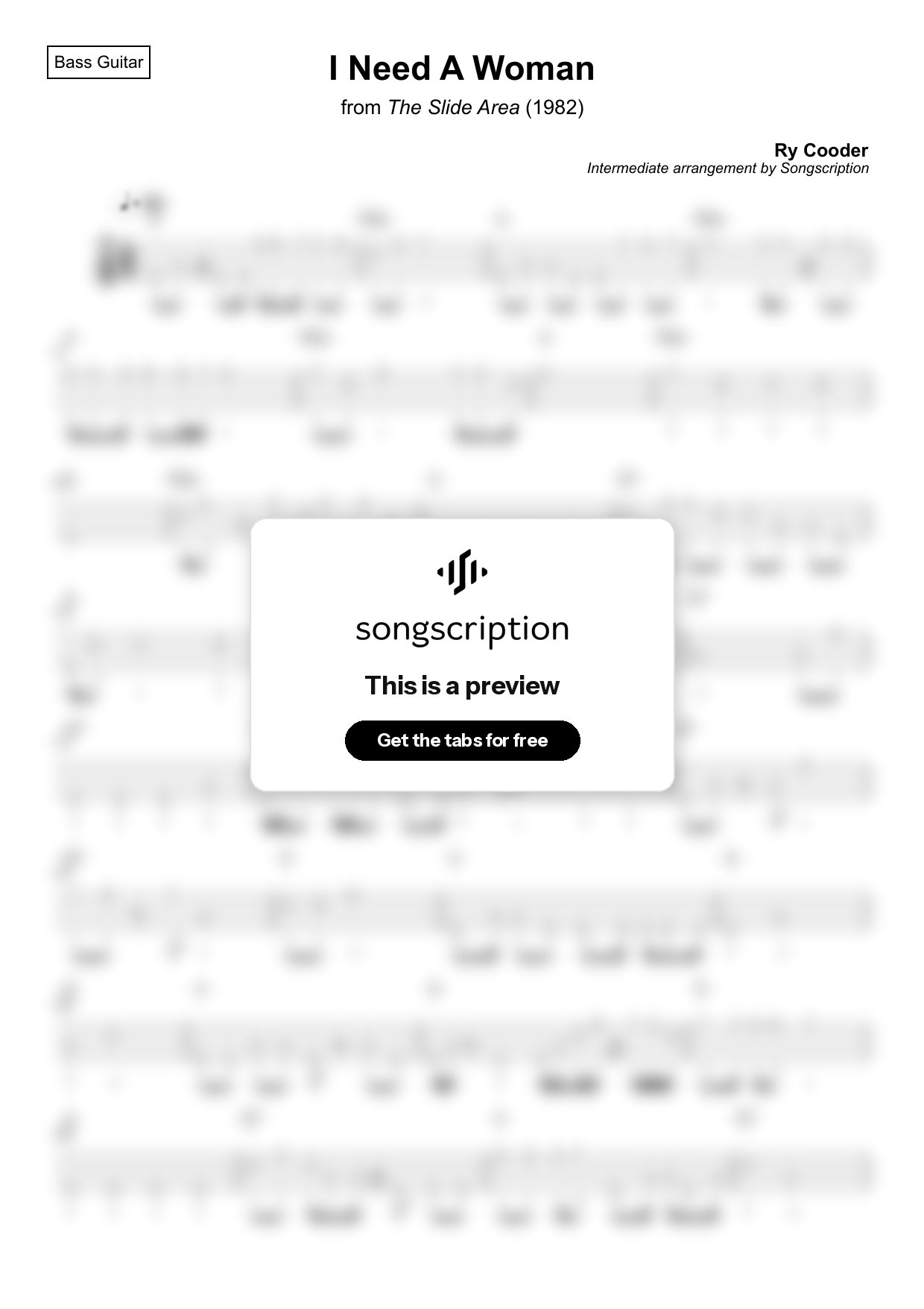 Intermediate Bass Guitar Tabs for "I Need A Woman" by Ry Cooder