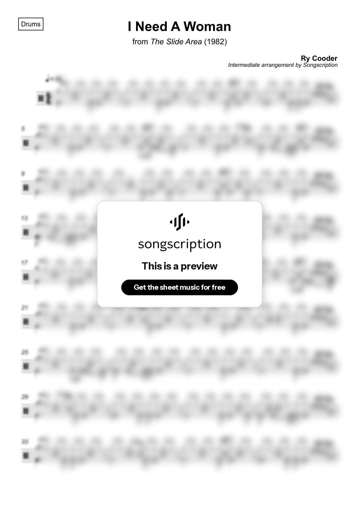Intermediate Drums Sheet Music for "I Need A Woman" by Ry Cooder
