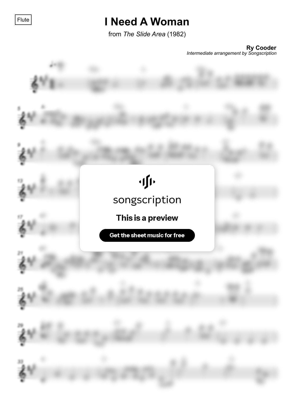 Intermediate Flute Sheet Music for "I Need A Woman" by Ry Cooder