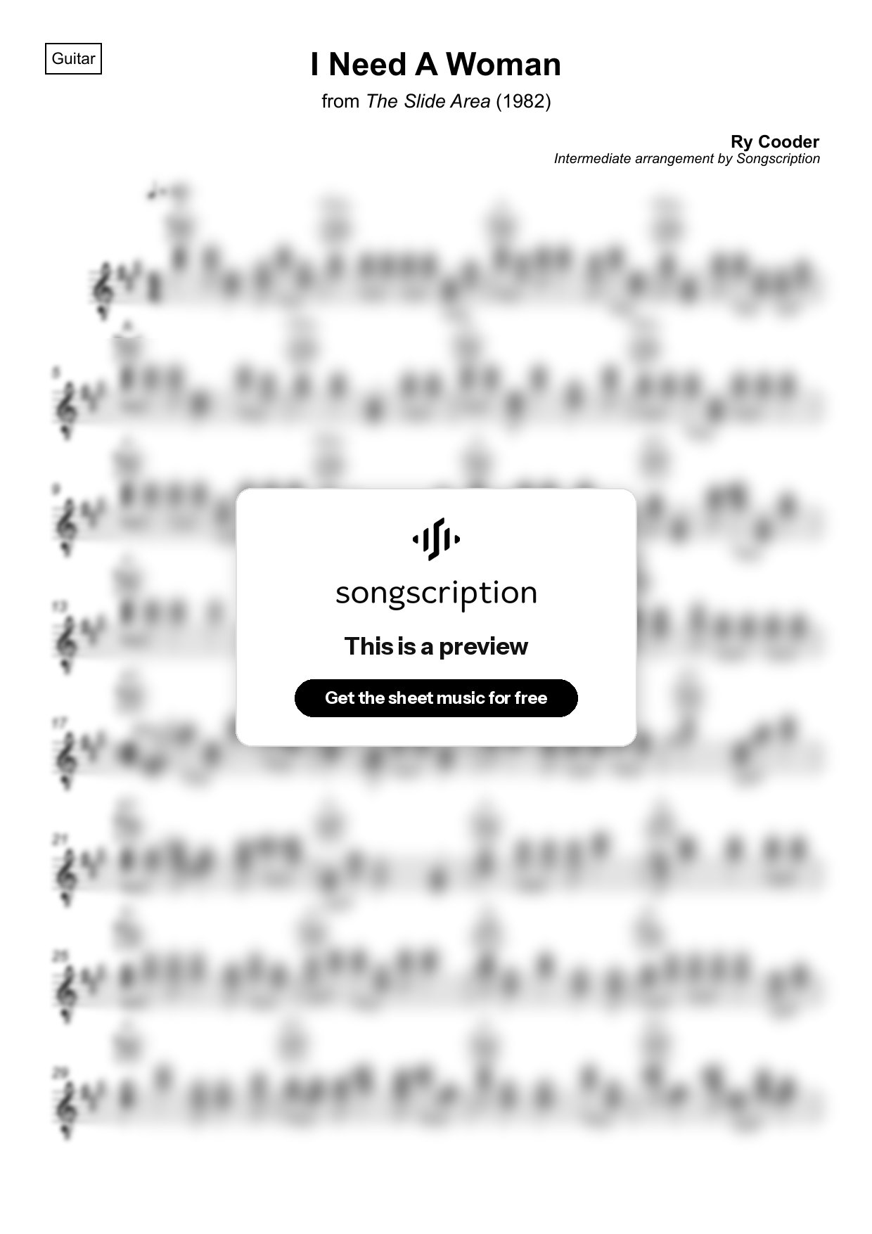Intermediate Acoustic Guitar Sheet Music for "I Need A Woman" by Ry Cooder