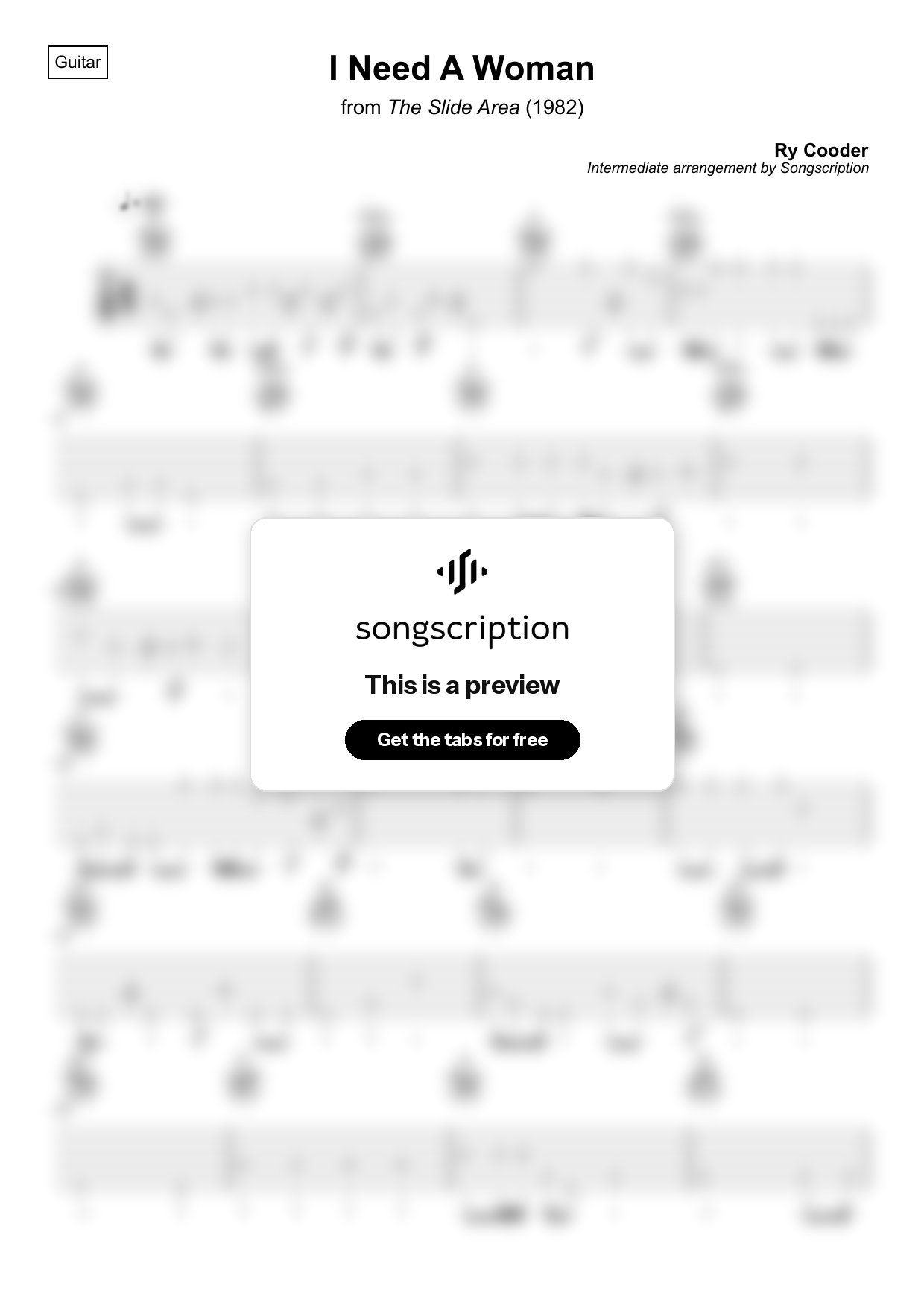 Intermediate Acoustic Guitar Tabs for "I Need A Woman" by Ry Cooder