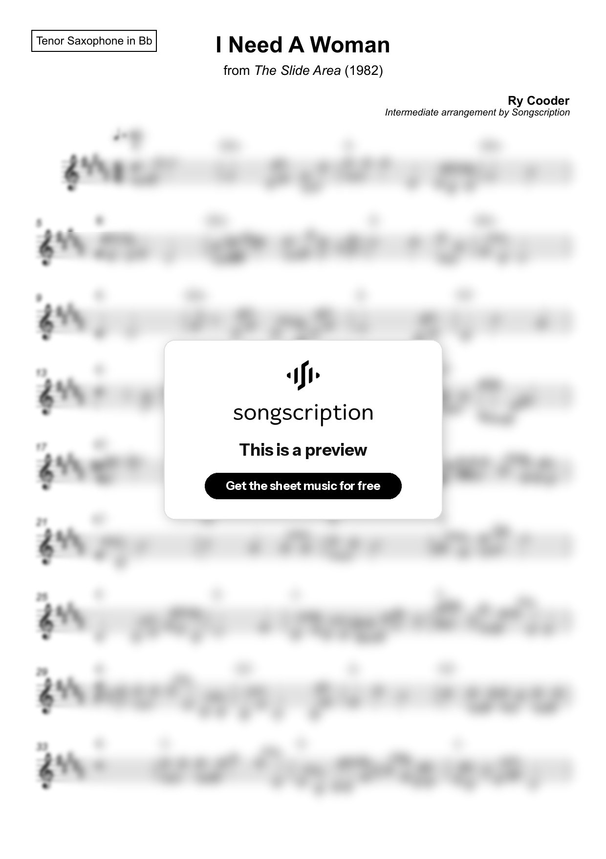 Intermediate Tenor Sax Sheet Music for "I Need A Woman" by Ry Cooder