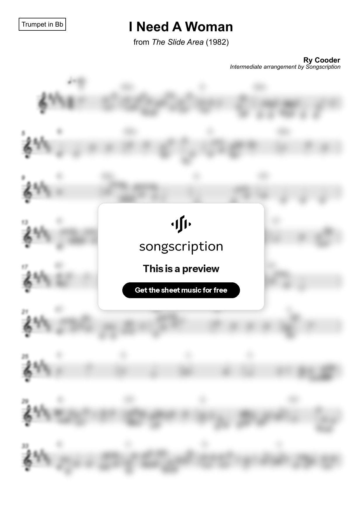 Intermediate Trumpet Sheet Music for "I Need A Woman" by Ry Cooder