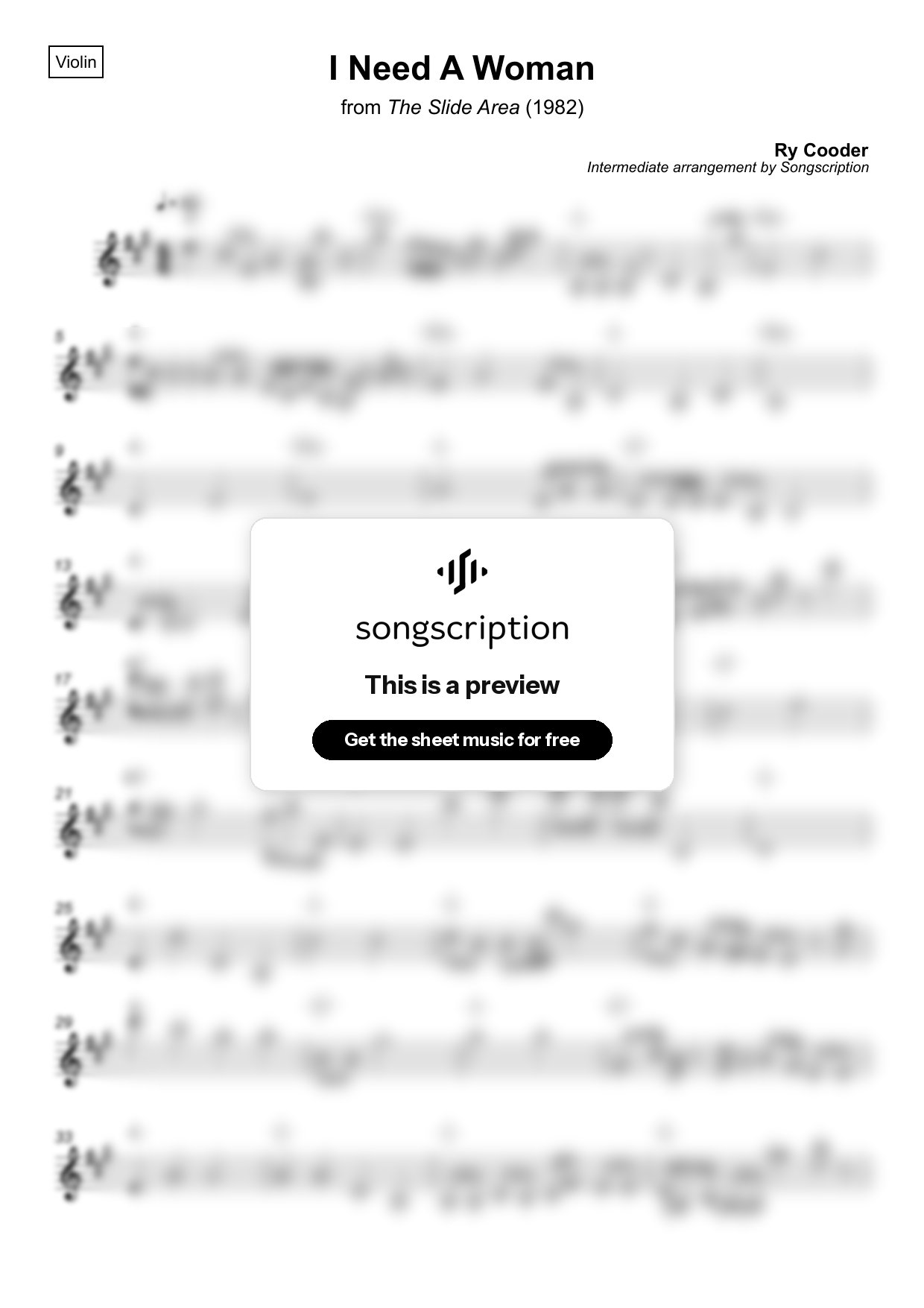 Intermediate Violin Sheet Music for "I Need A Woman" by Ry Cooder