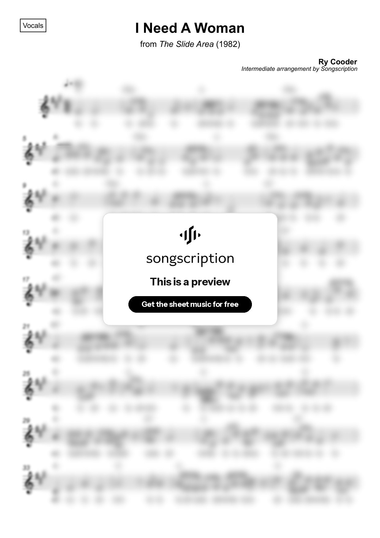 Intermediate Vocals Sheet Music for "I Need A Woman" by Ry Cooder