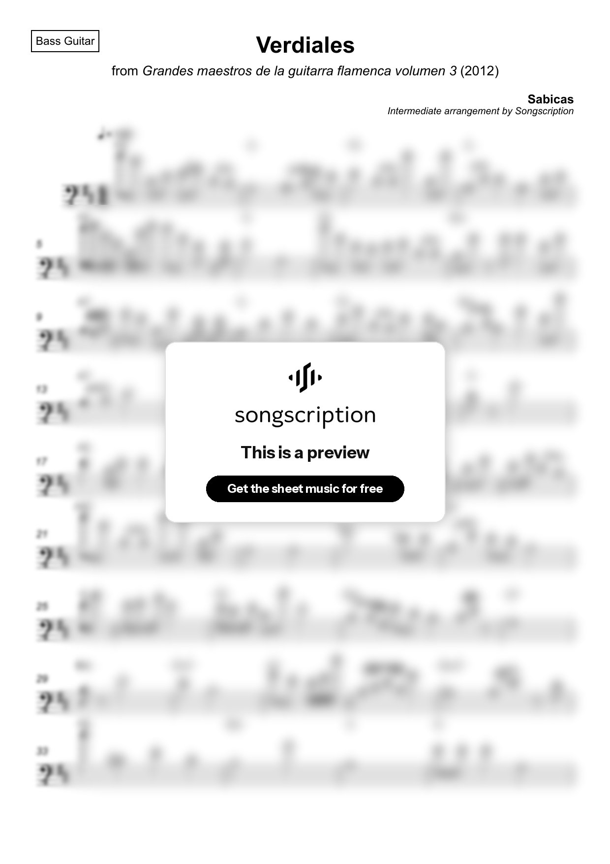 Intermediate Bass Guitar Sheet Music for "Verdiales" by Sabicas