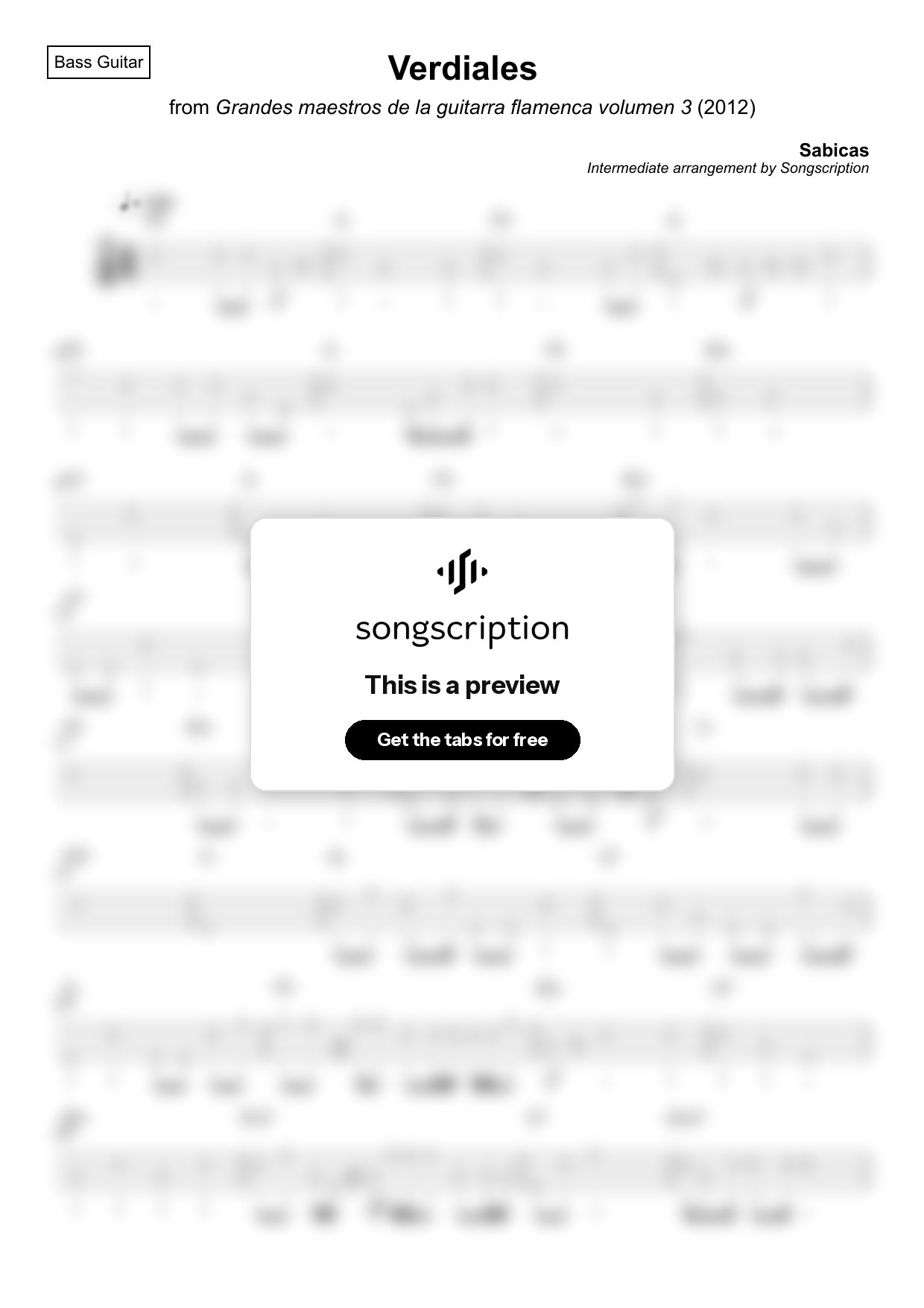 Intermediate Bass Guitar Tabs for "Verdiales" by Sabicas