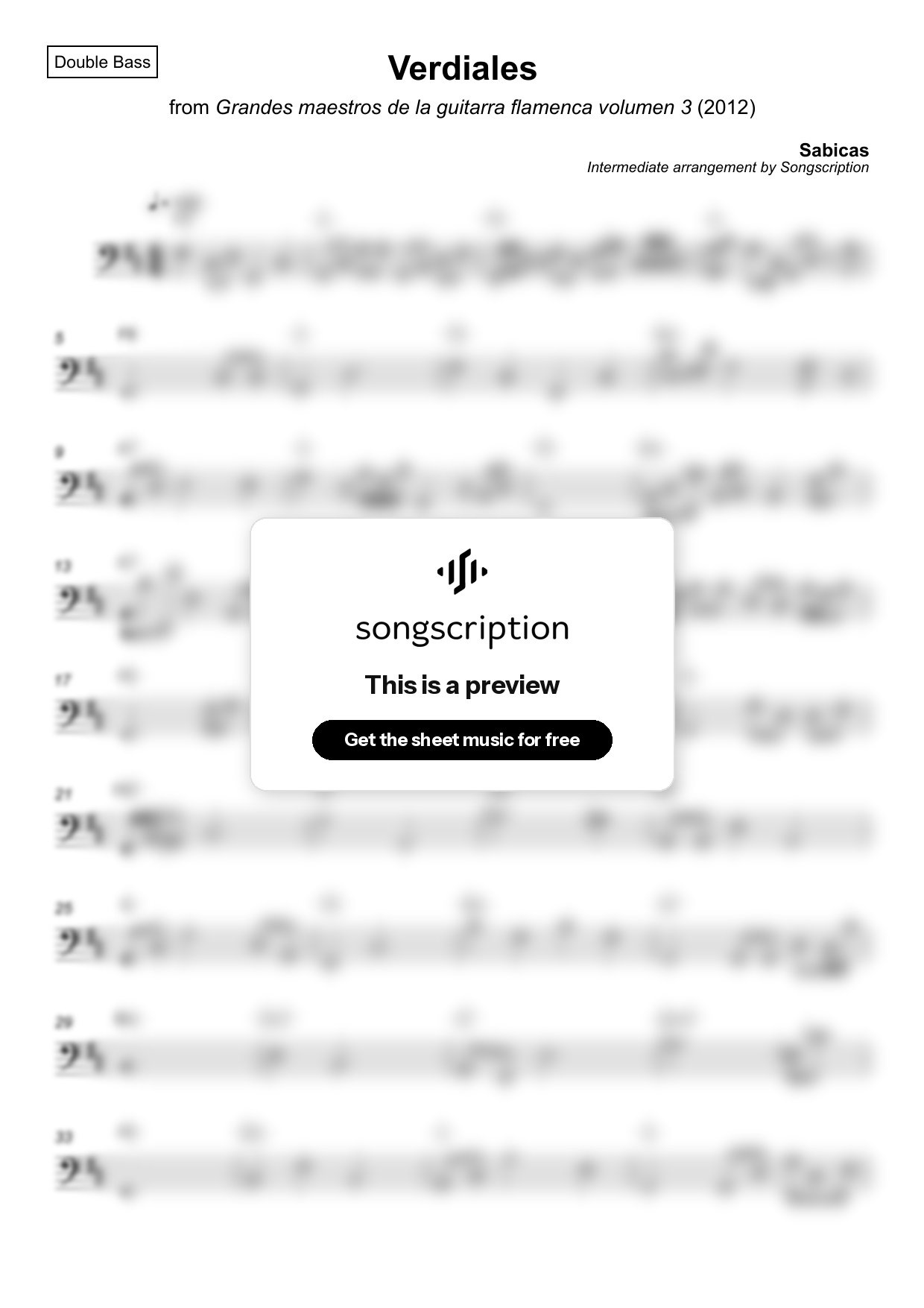 Intermediate Double Bass Sheet Music for "Verdiales" by Sabicas
