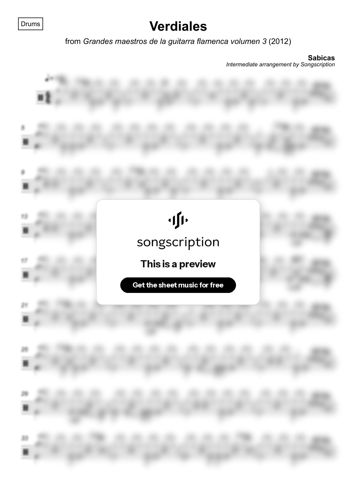Intermediate Drums Sheet Music for "Verdiales" by Sabicas