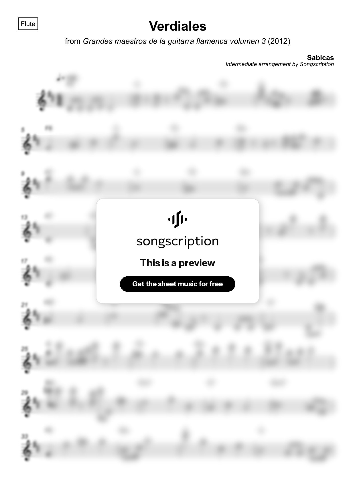 Intermediate Flute Sheet Music for "Verdiales" by Sabicas
