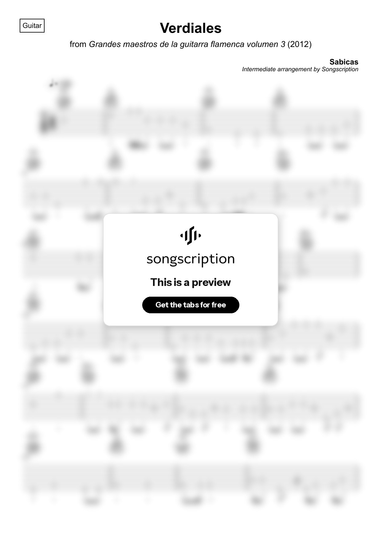Intermediate Acoustic Guitar Tabs for "Verdiales" by Sabicas
