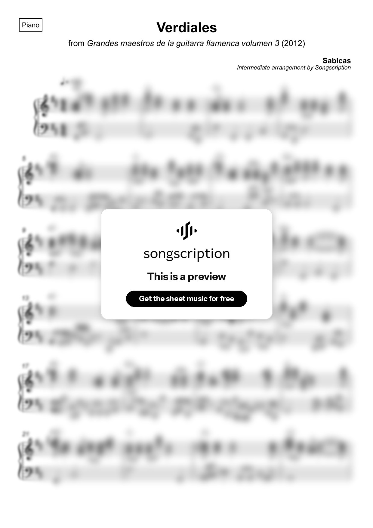 Intermediate Piano Sheet Music for "Verdiales" by Sabicas