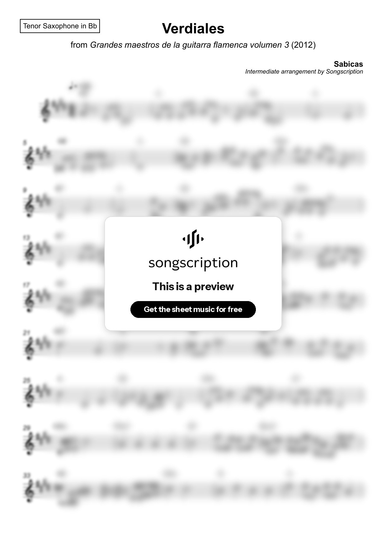 Intermediate Tenor Sax Sheet Music for "Verdiales" by Sabicas