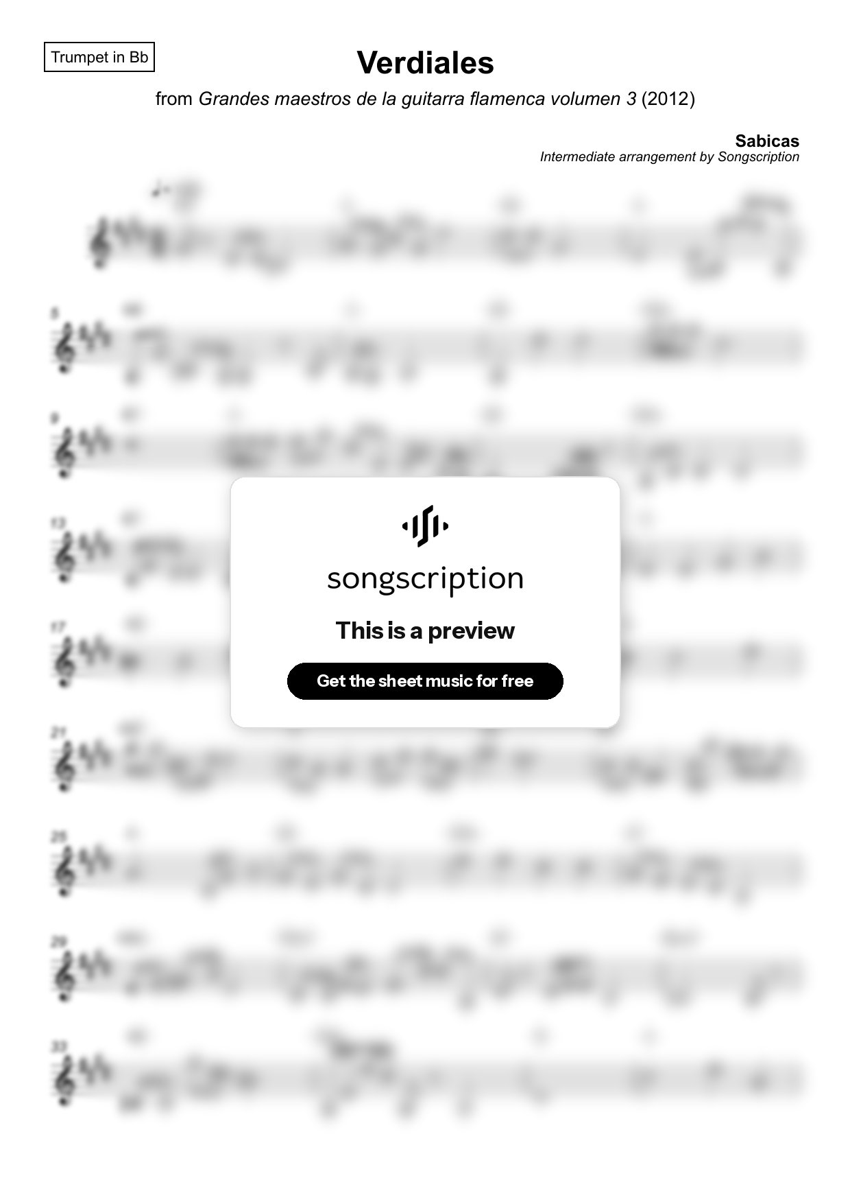 Intermediate Trumpet Sheet Music for "Verdiales" by Sabicas