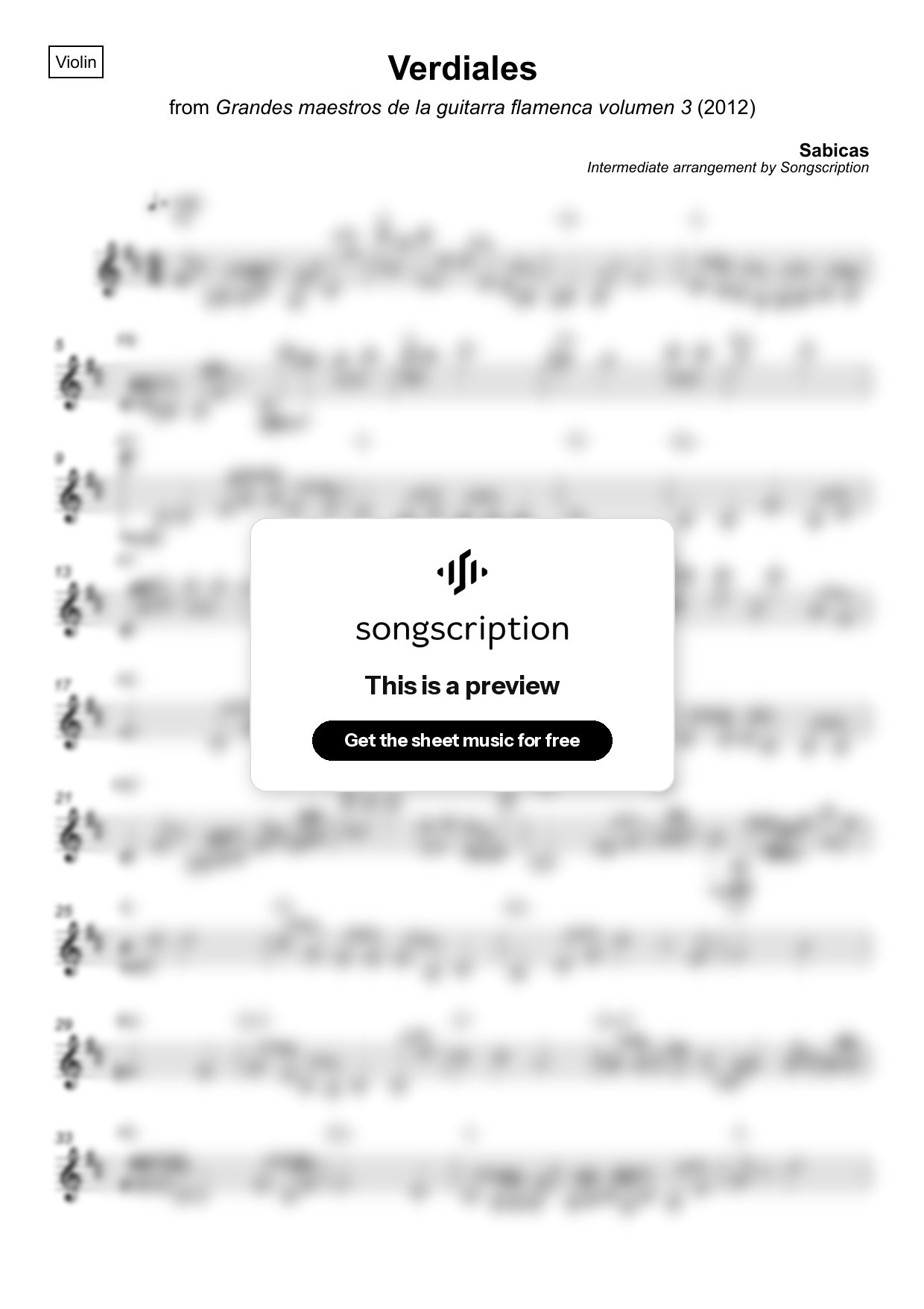 Intermediate Violin Sheet Music for "Verdiales" by Sabicas