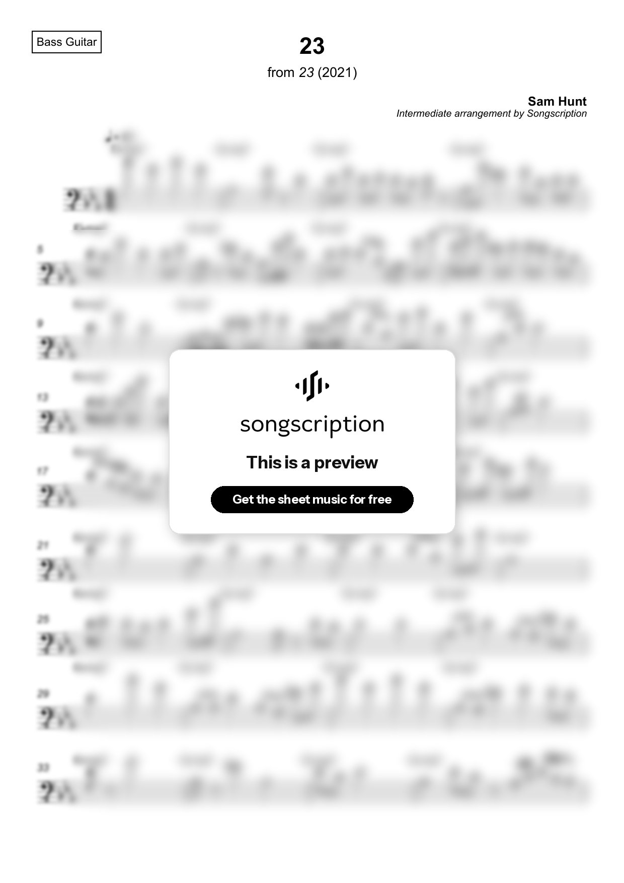 Intermediate Bass Guitar Sheet Music for "23" by Sam Hunt