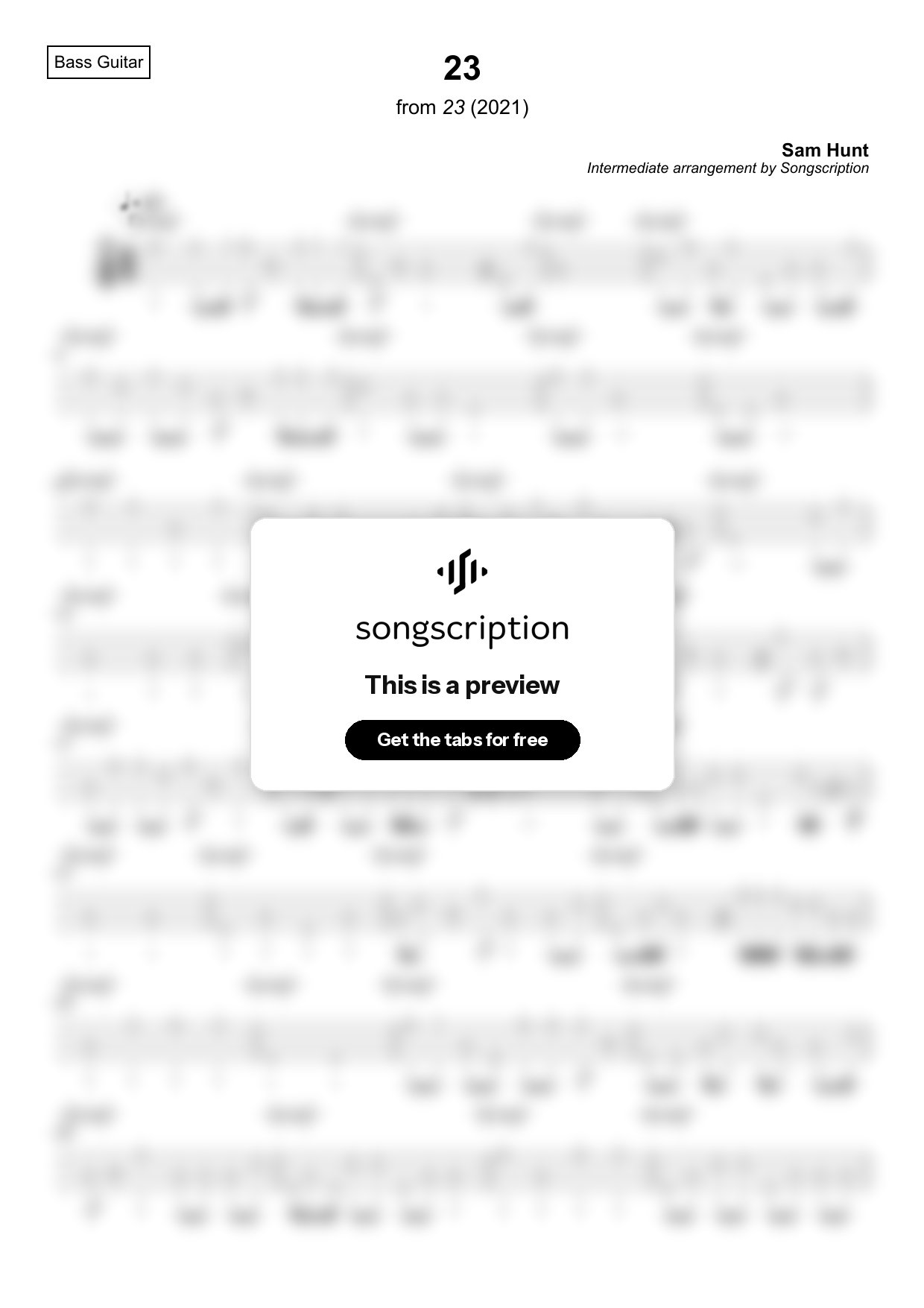 Intermediate Bass Guitar Tabs for "23" by Sam Hunt