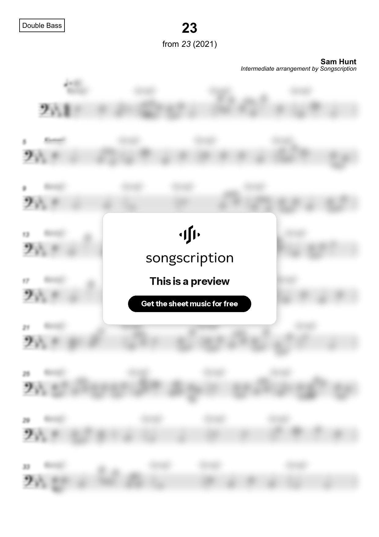 Intermediate Double Bass Sheet Music for "23" by Sam Hunt
