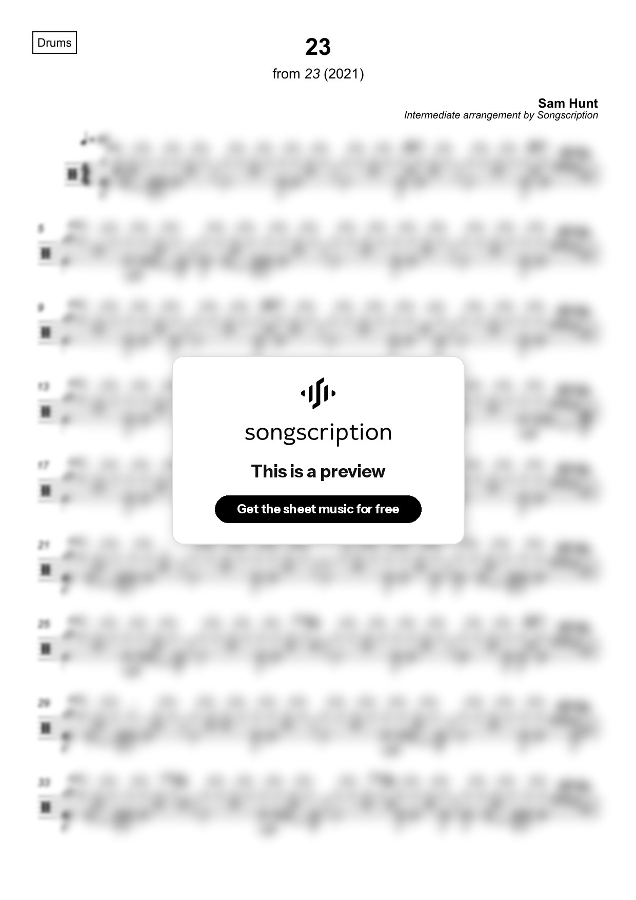 Intermediate Drums Sheet Music for "23" by Sam Hunt