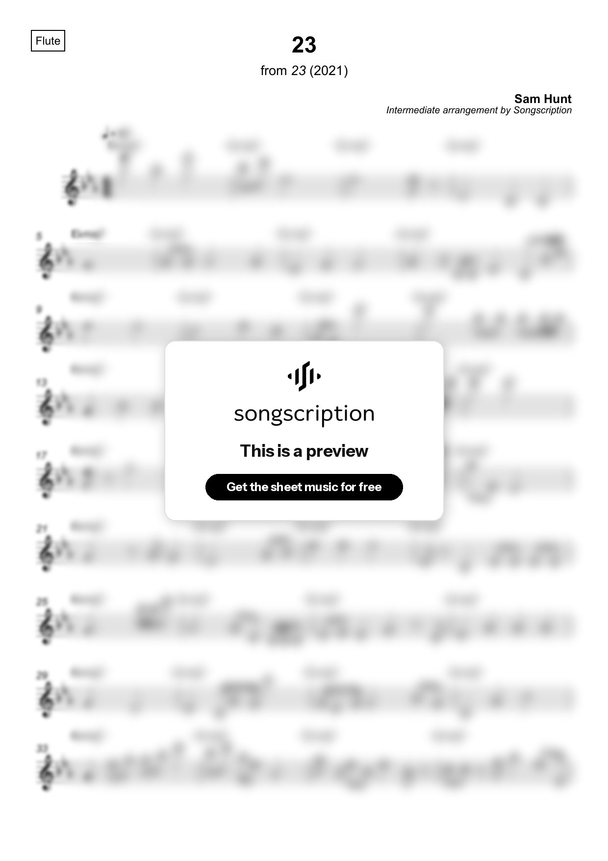 Intermediate Flute Sheet Music for "23" by Sam Hunt