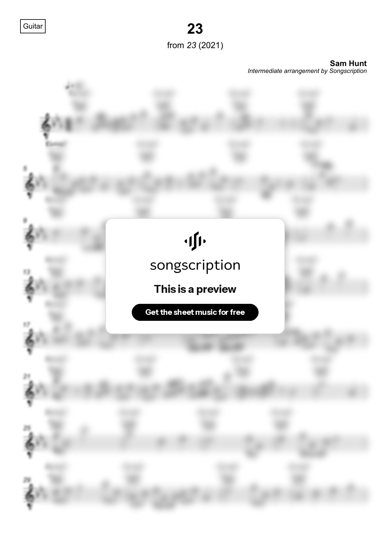Intermediate Acoustic Guitar Sheet Music for "23" by Sam Hunt