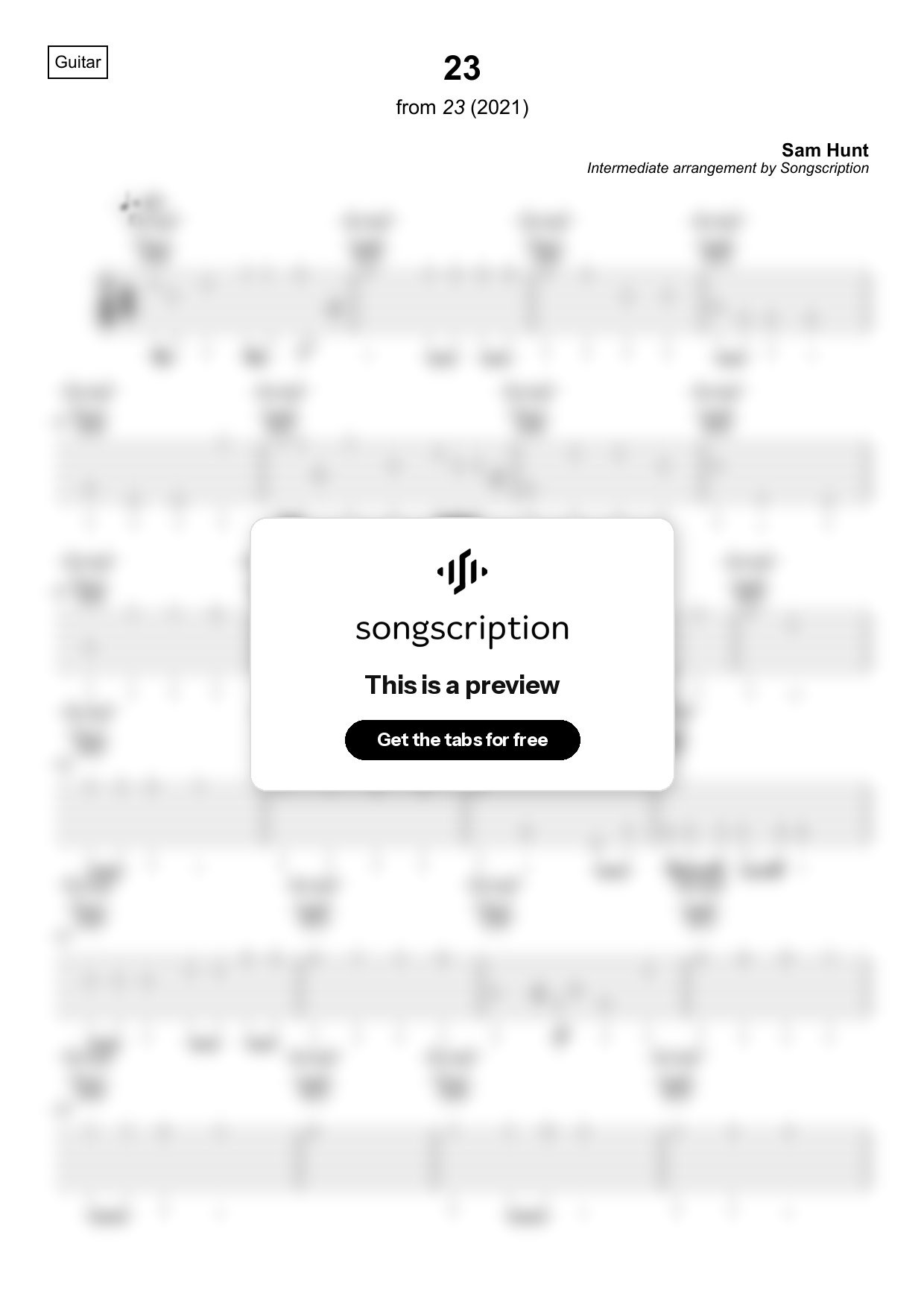 Intermediate Acoustic Guitar Tabs for "23" by Sam Hunt