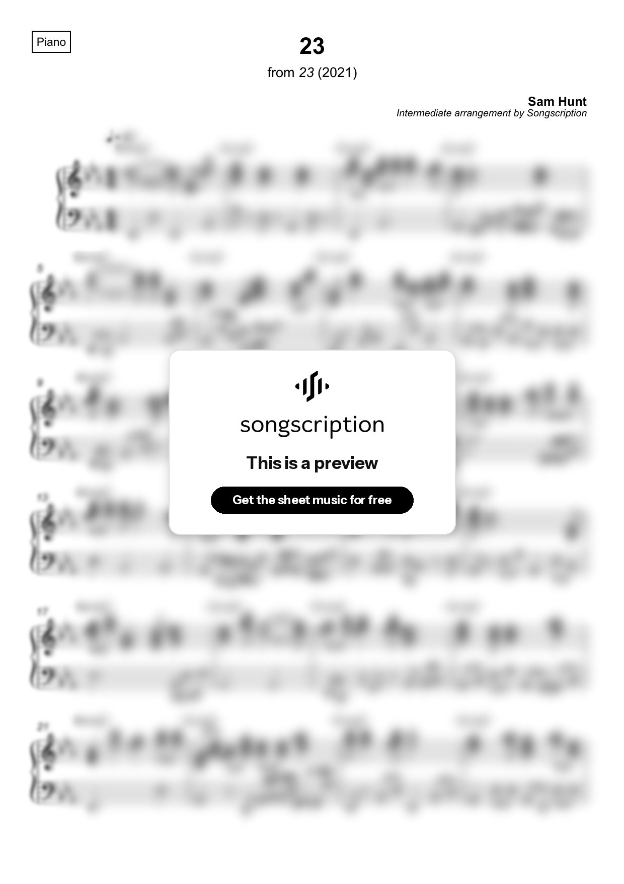 Intermediate Piano Sheet Music for "23" by Sam Hunt