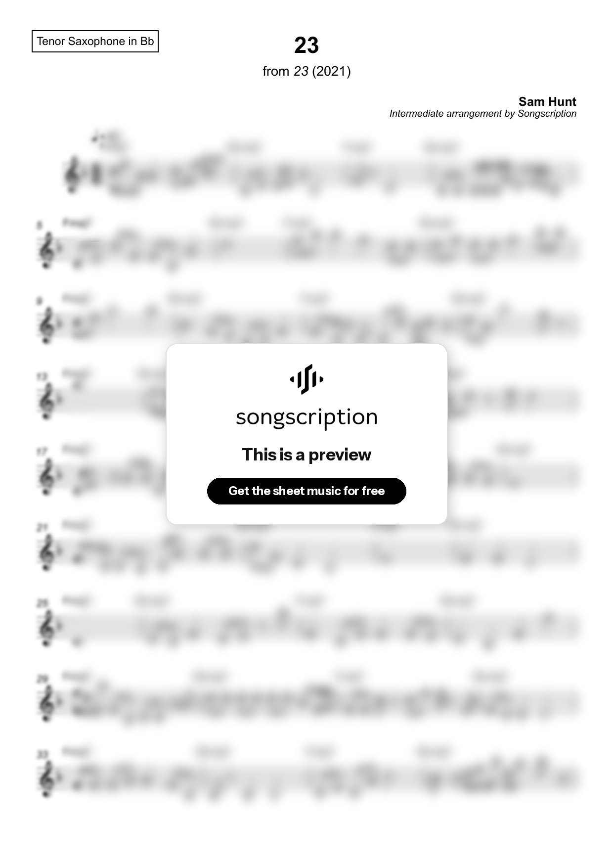 Intermediate Tenor Sax Sheet Music for "23" by Sam Hunt