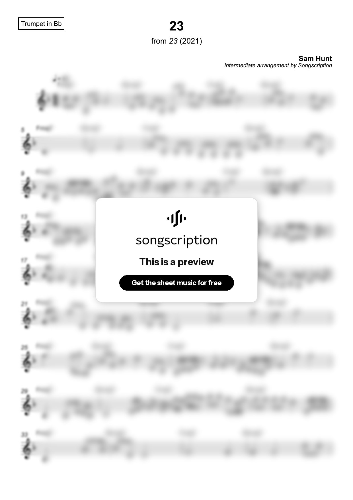 Intermediate Trumpet Sheet Music for "23" by Sam Hunt