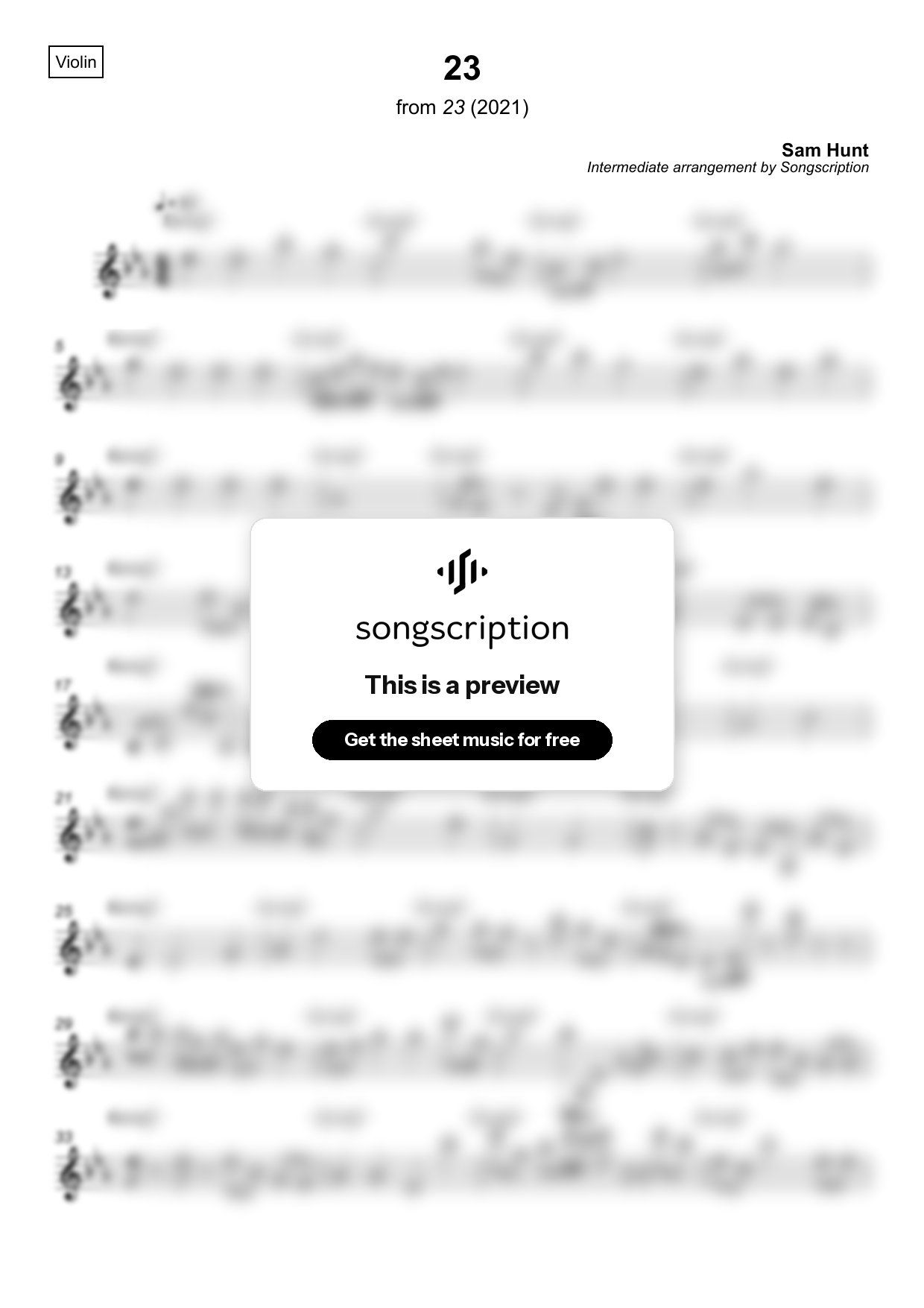 Intermediate Violin Sheet Music for "23" by Sam Hunt