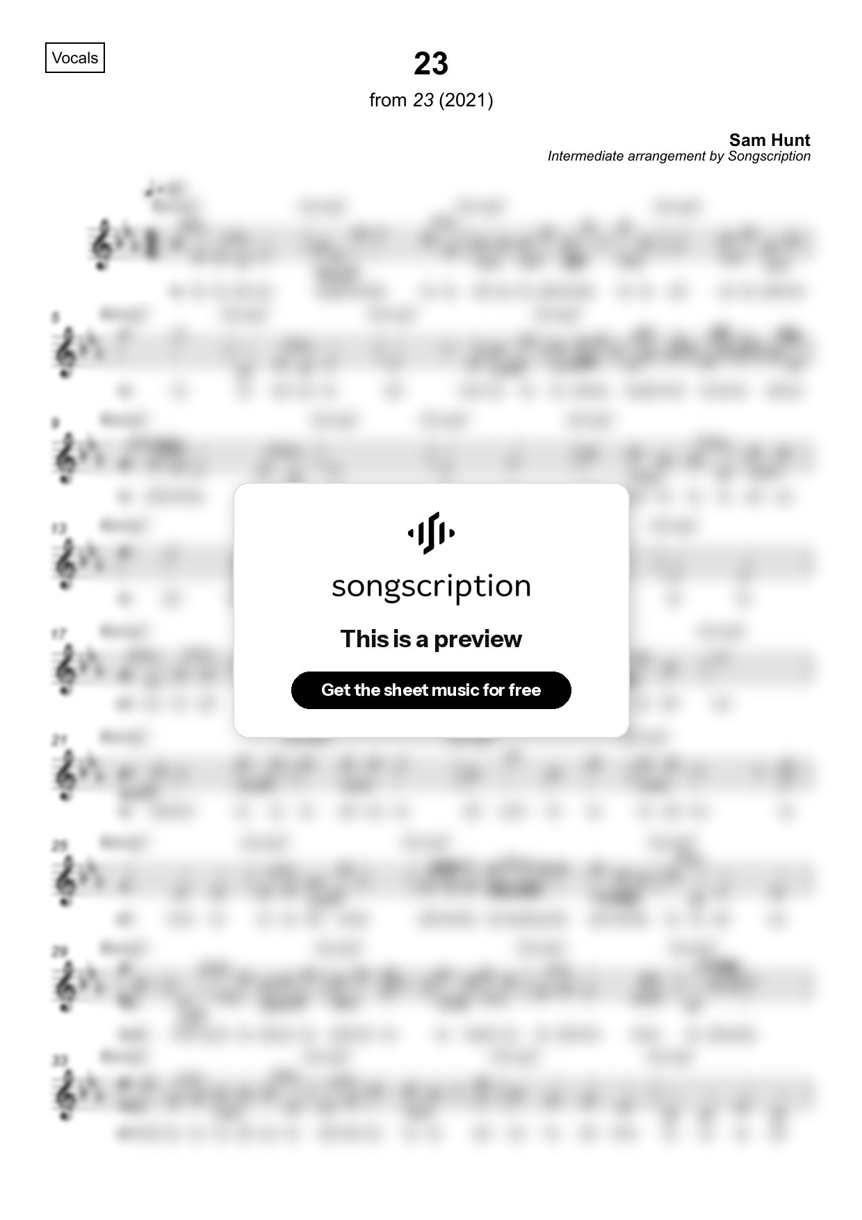 Intermediate Vocals Sheet Music for "23" by Sam Hunt