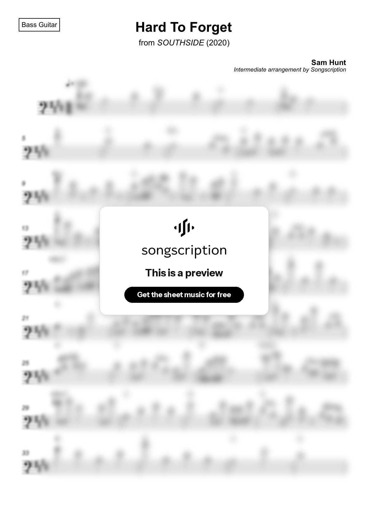Intermediate Bass Guitar Sheet Music for "Hard To Forget" by Sam Hunt
