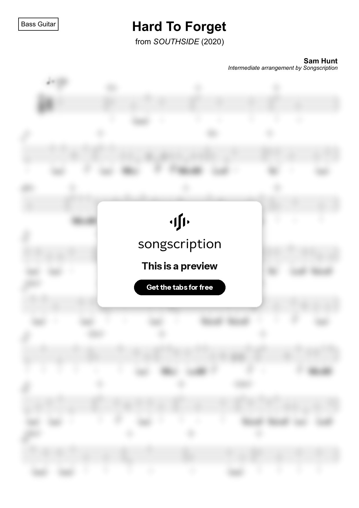 Intermediate Bass Guitar Tabs for "Hard To Forget" by Sam Hunt