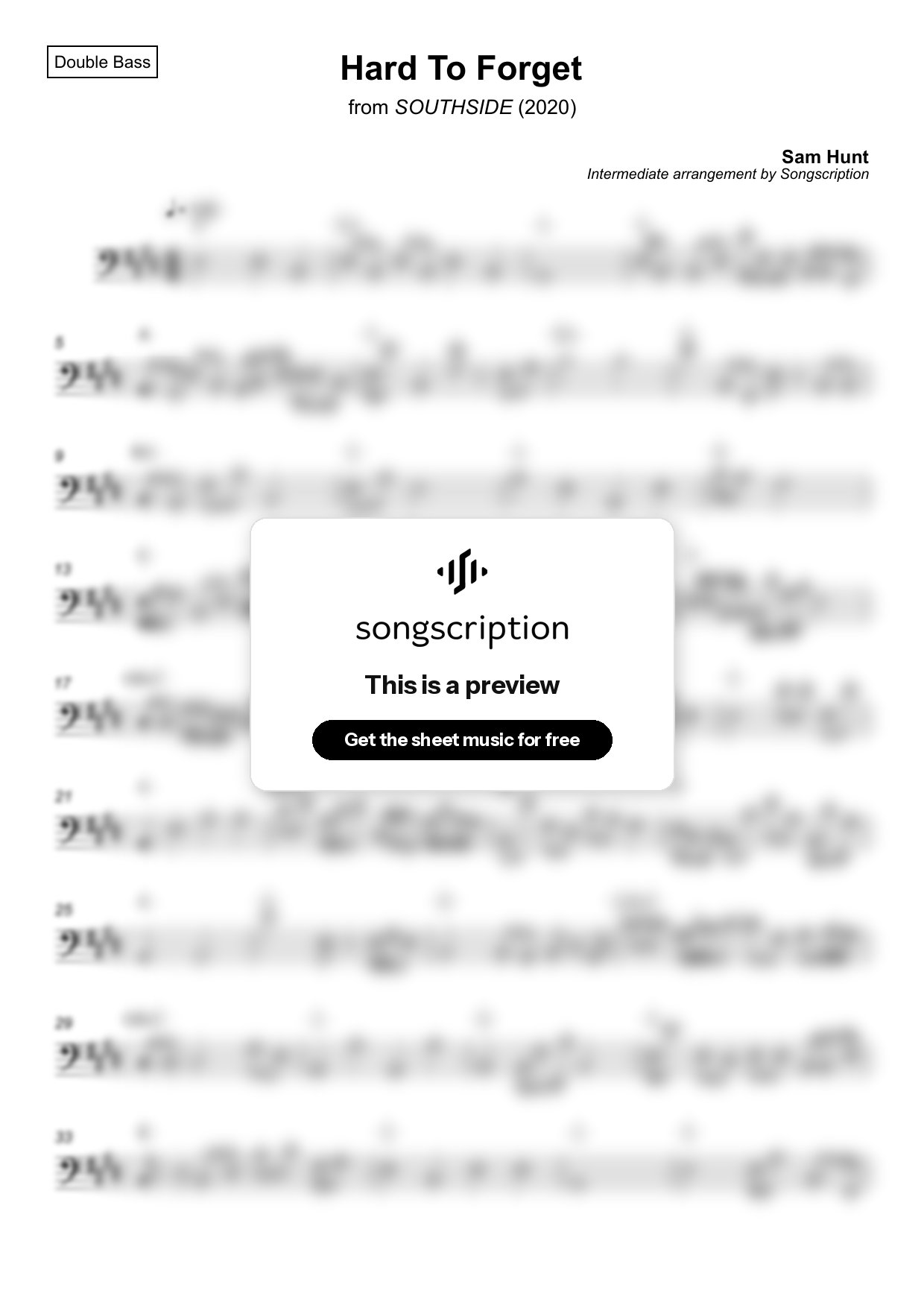 Intermediate Double Bass Sheet Music for "Hard To Forget" by Sam Hunt