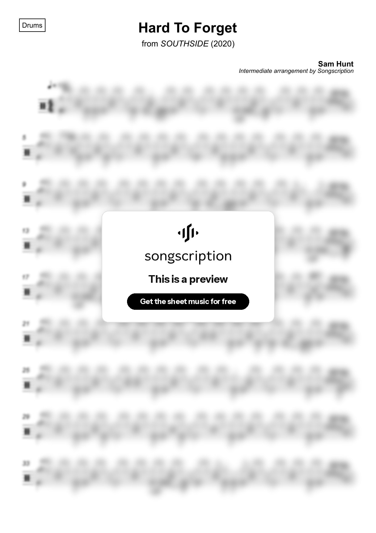 Intermediate Drums Sheet Music for "Hard To Forget" by Sam Hunt