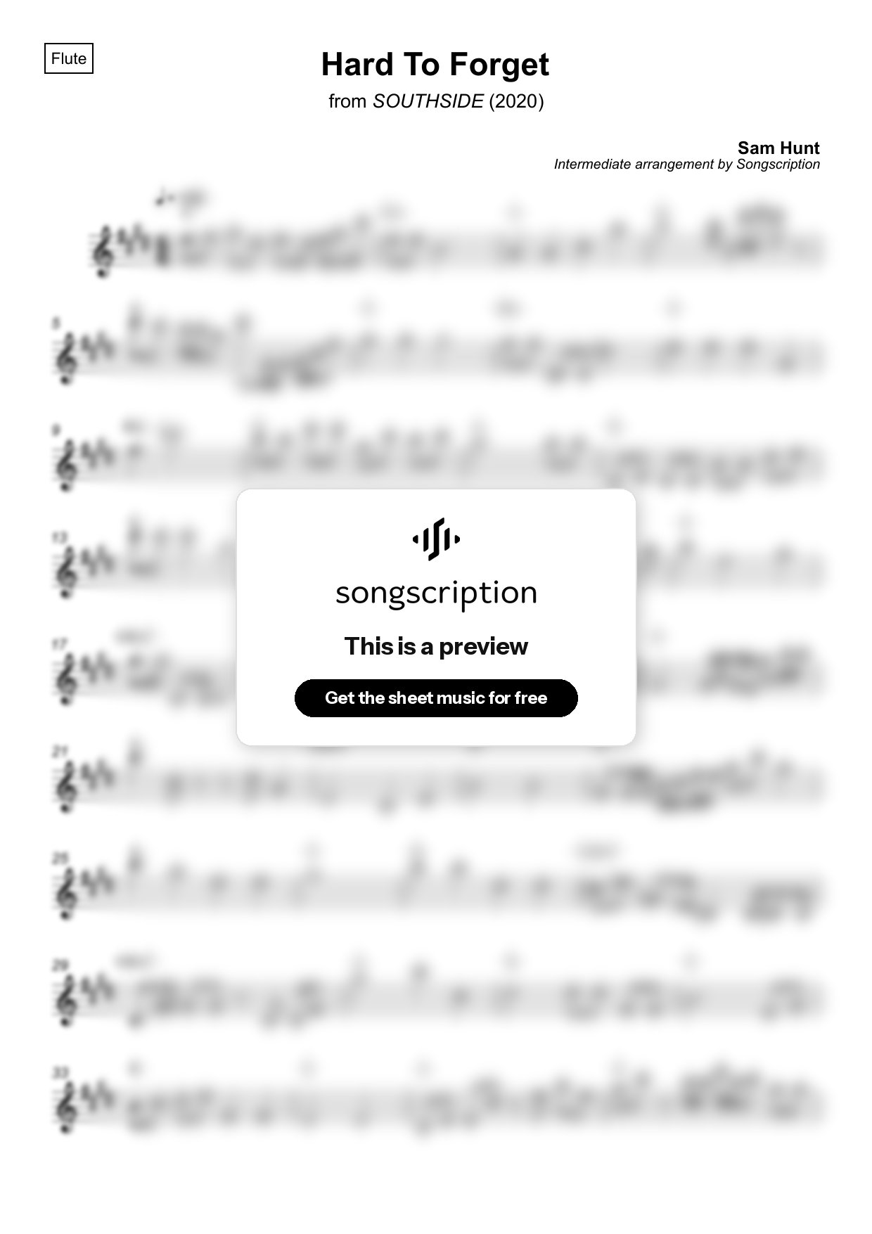 Intermediate Flute Sheet Music for "Hard To Forget" by Sam Hunt