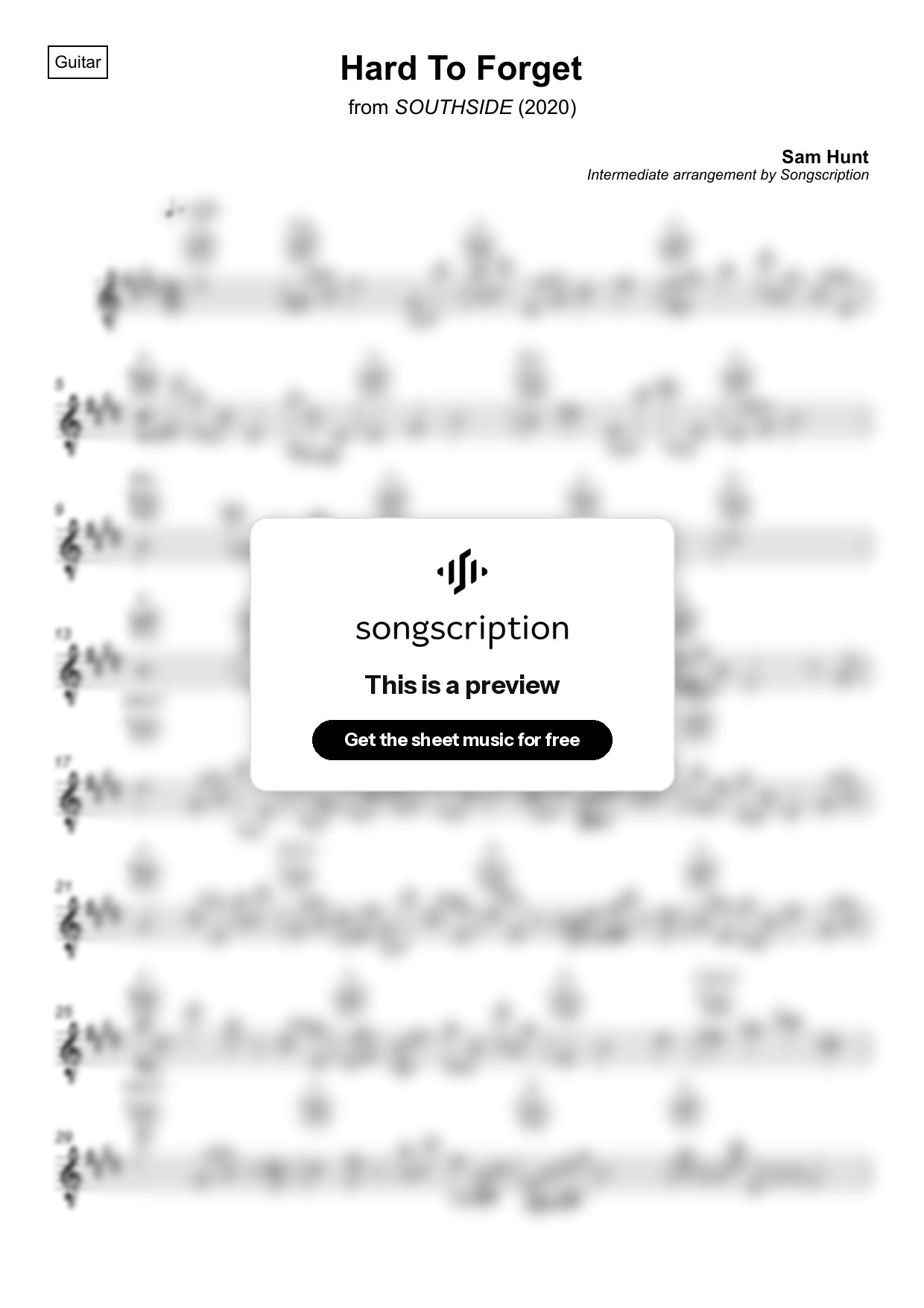 Intermediate Acoustic Guitar Sheet Music for "Hard To Forget" by Sam Hunt